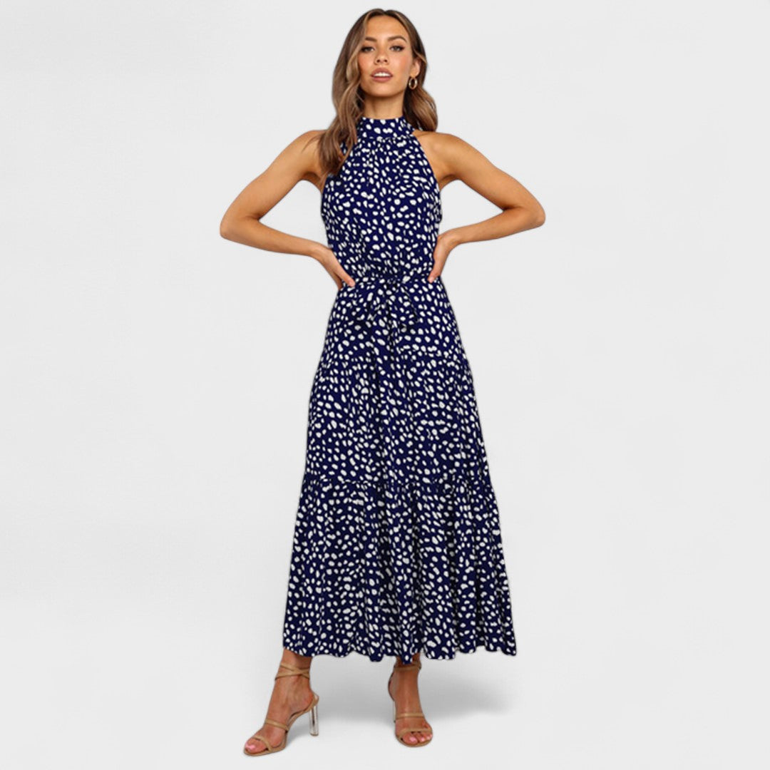 Polka Dot Maxi Dress with Open Back and Bow Waist Tie