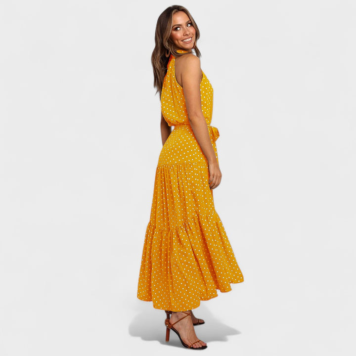 Polka Dot Maxi Dress with Open Back and Bow Waist Tie