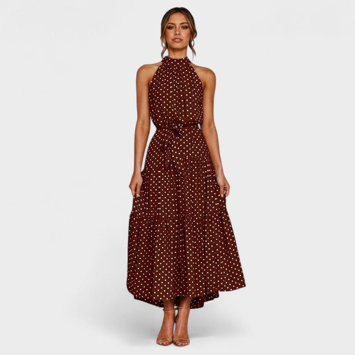 Polka Dot Maxi Dress with Open Back and Bow Waist Tie