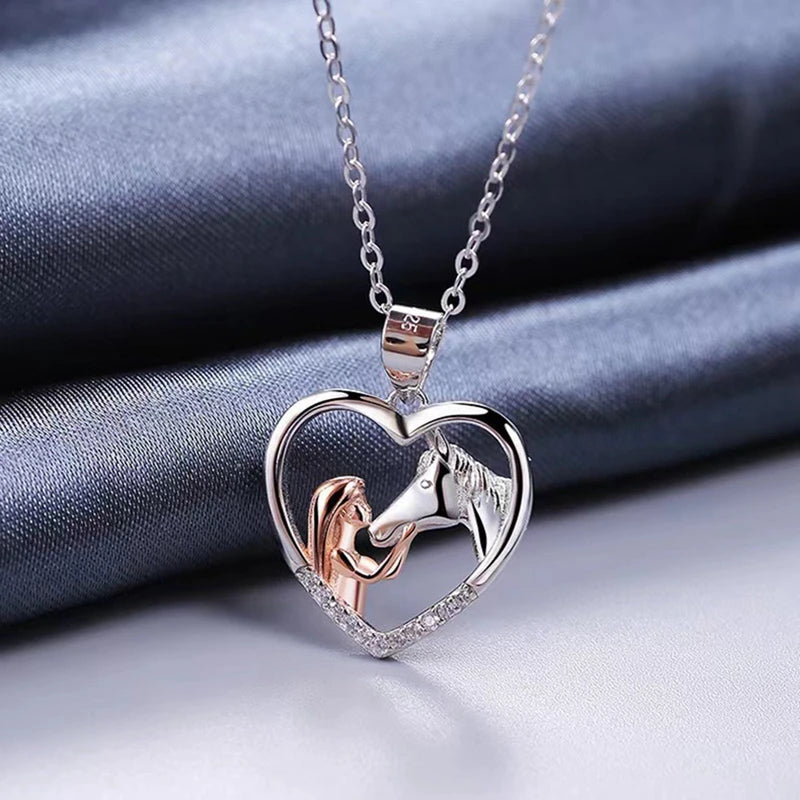 Horse Lover Necklace with Heart Pendant and Zircon Stones