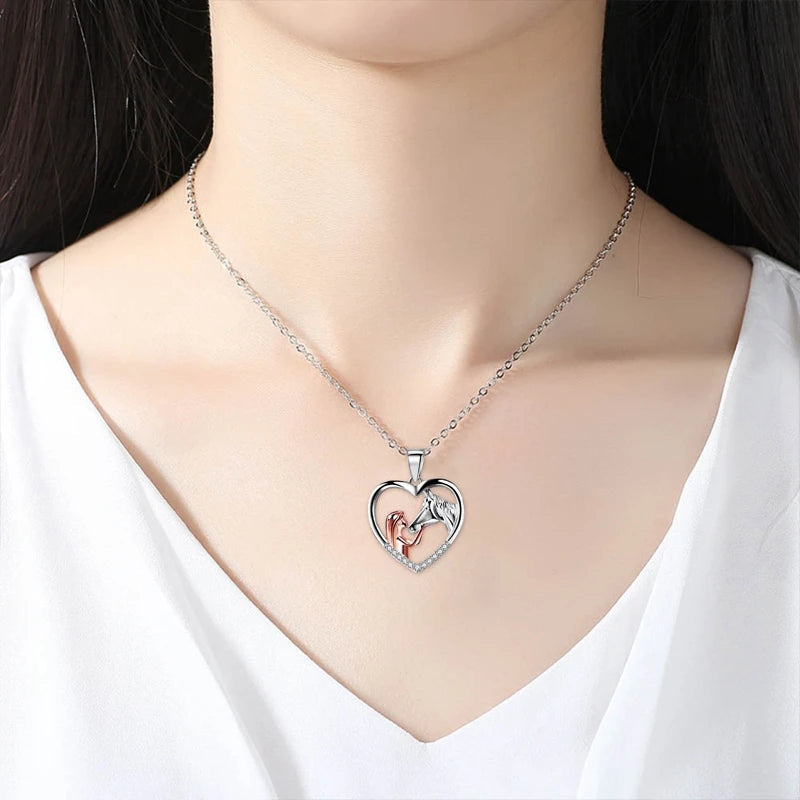 Horse Lover Necklace with Heart Pendant and Zircon Stones