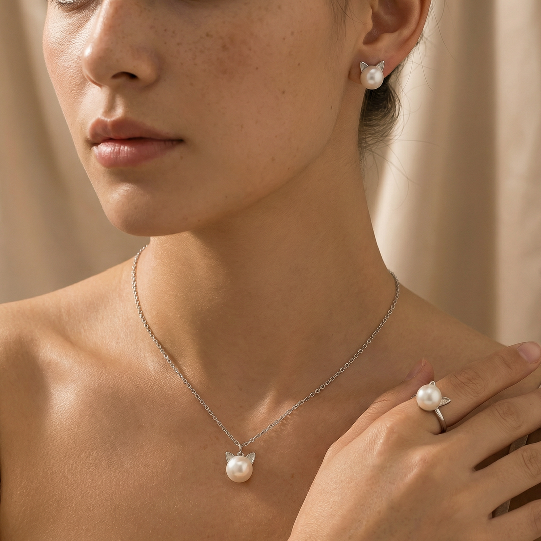 Pearl Cat Necklace Earrings Ring Set Sterling Silver