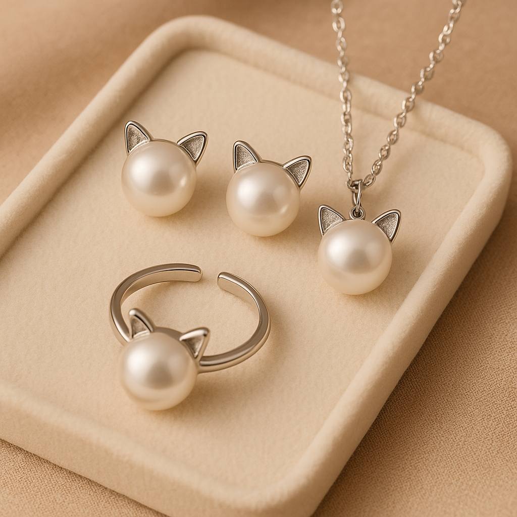 Pearl Cat Necklace Earrings Ring Set Sterling Silver