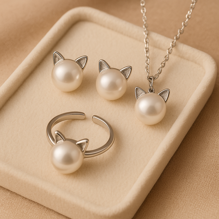 Pearl Cat Necklace Earrings Ring Set Sterling Silver