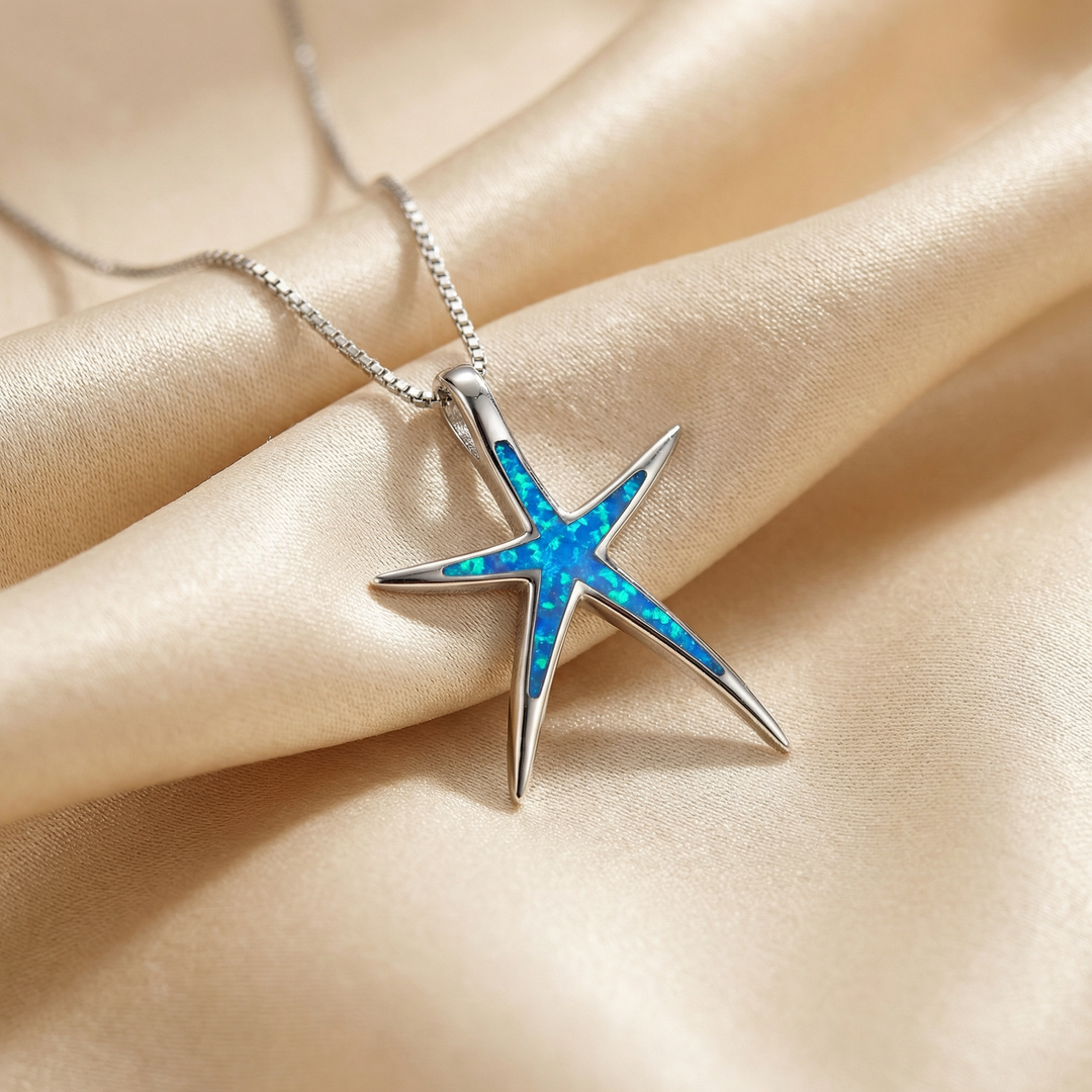 Starfish Necklace with Blue Opal and Silver Pendant