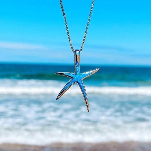 Starfish Necklace with Blue Opal and Silver Pendant