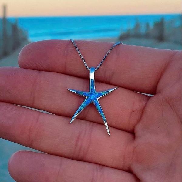 Starfish Necklace with Blue Opal and Silver Pendant