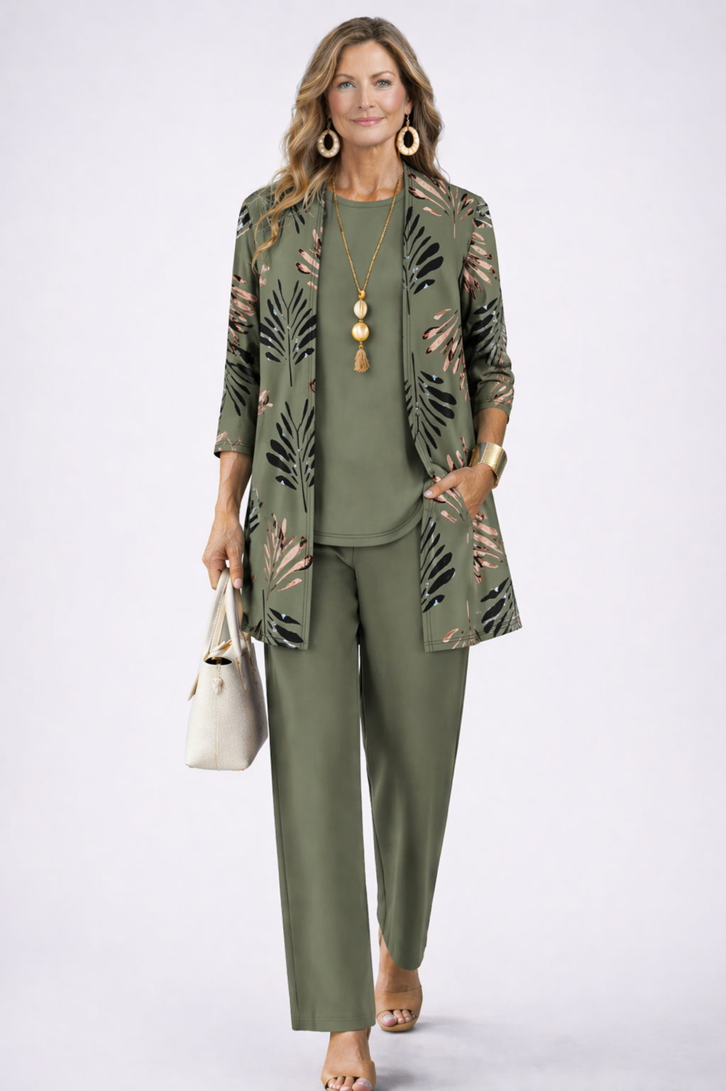 3-Piece Cardigan Set with Printed Trousers for Women
