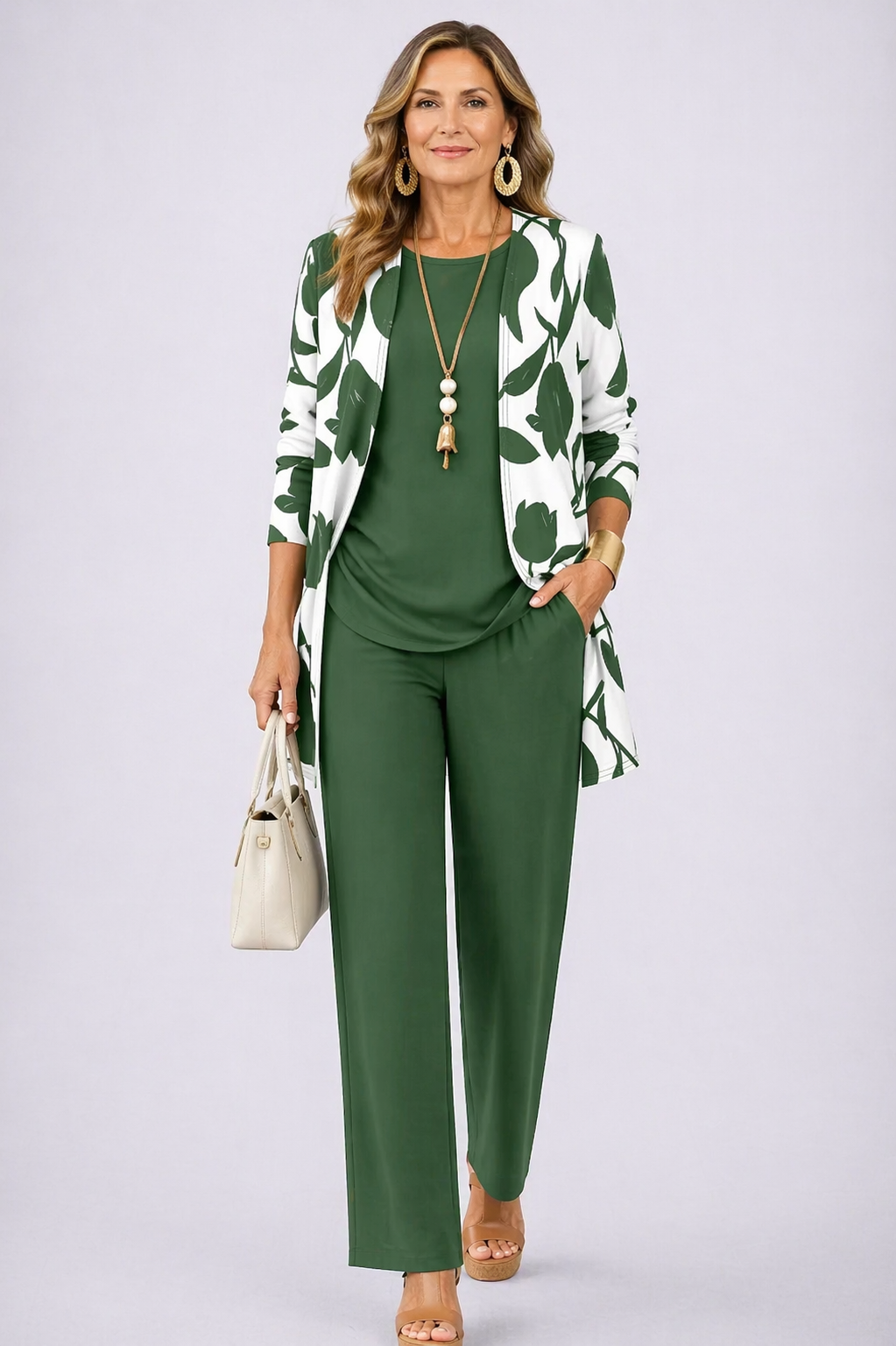 3-Piece Cardigan Set Women - Earthy Tones Wide Leg Pants Outfit