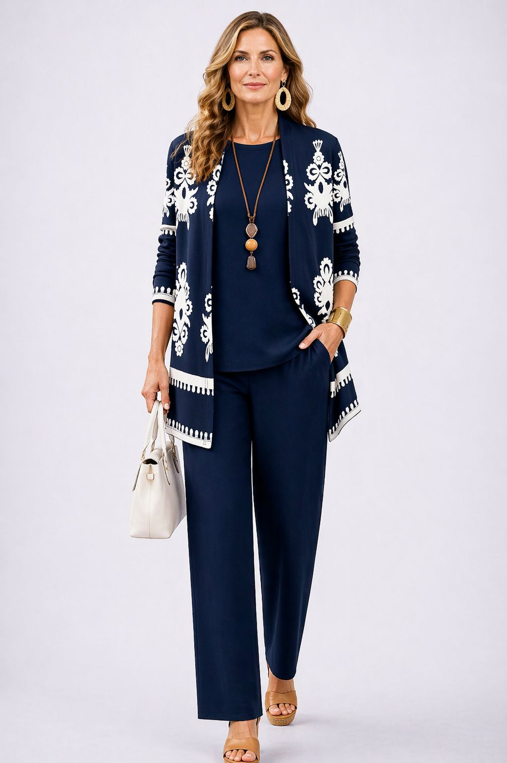 Women's 3-Piece Set Cardigan Top Wide Leg Pants Outfit