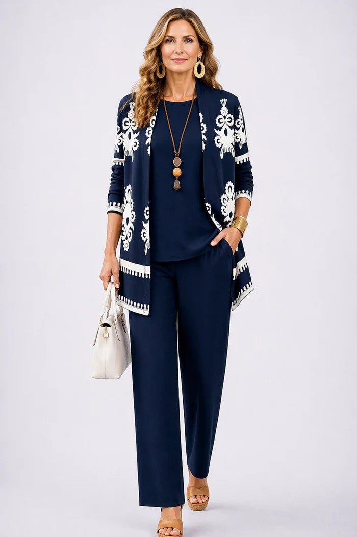 Three Piece Outfit Set for Women - Cardigan Top and Printed Pants