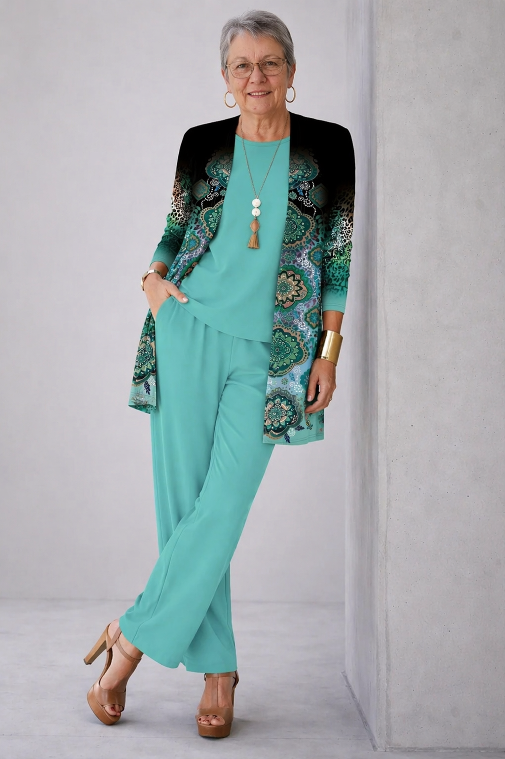 3-Piece Cardigan Set for Women - Earthy Tones Wide Leg Pants