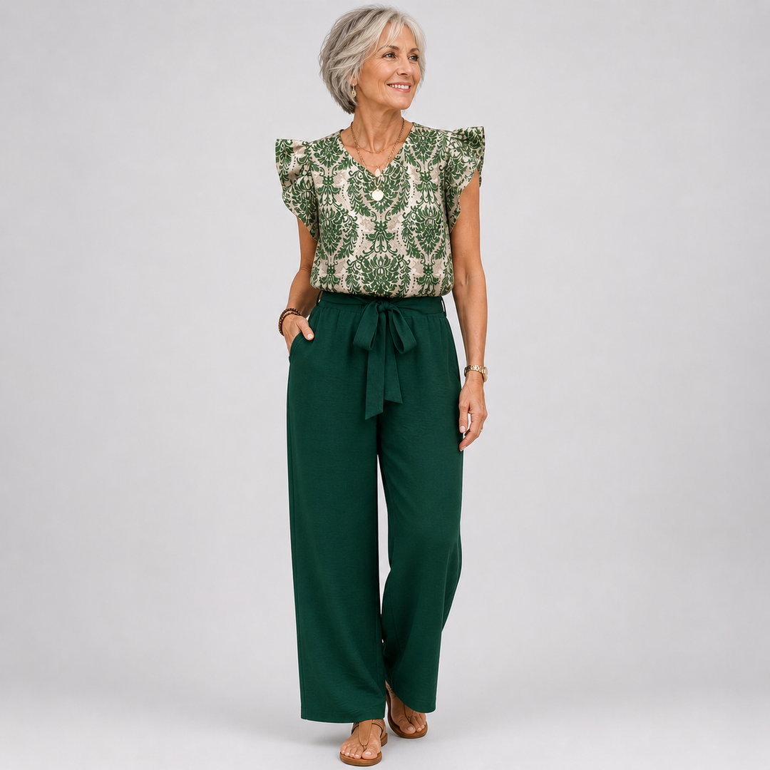 Paisley Two Piece Set for Women - V Neck Top & Wide Leg Pants