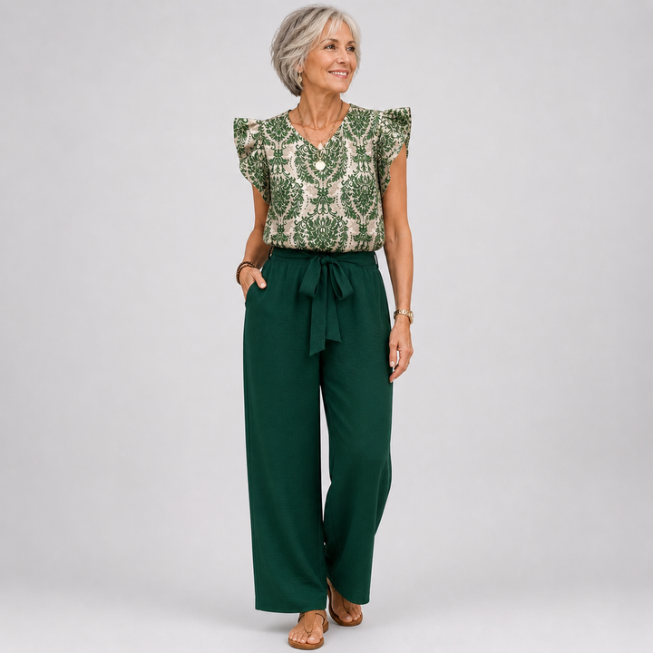 Paisley Two Piece Set for Women - V Neck Top & Wide Leg Pants