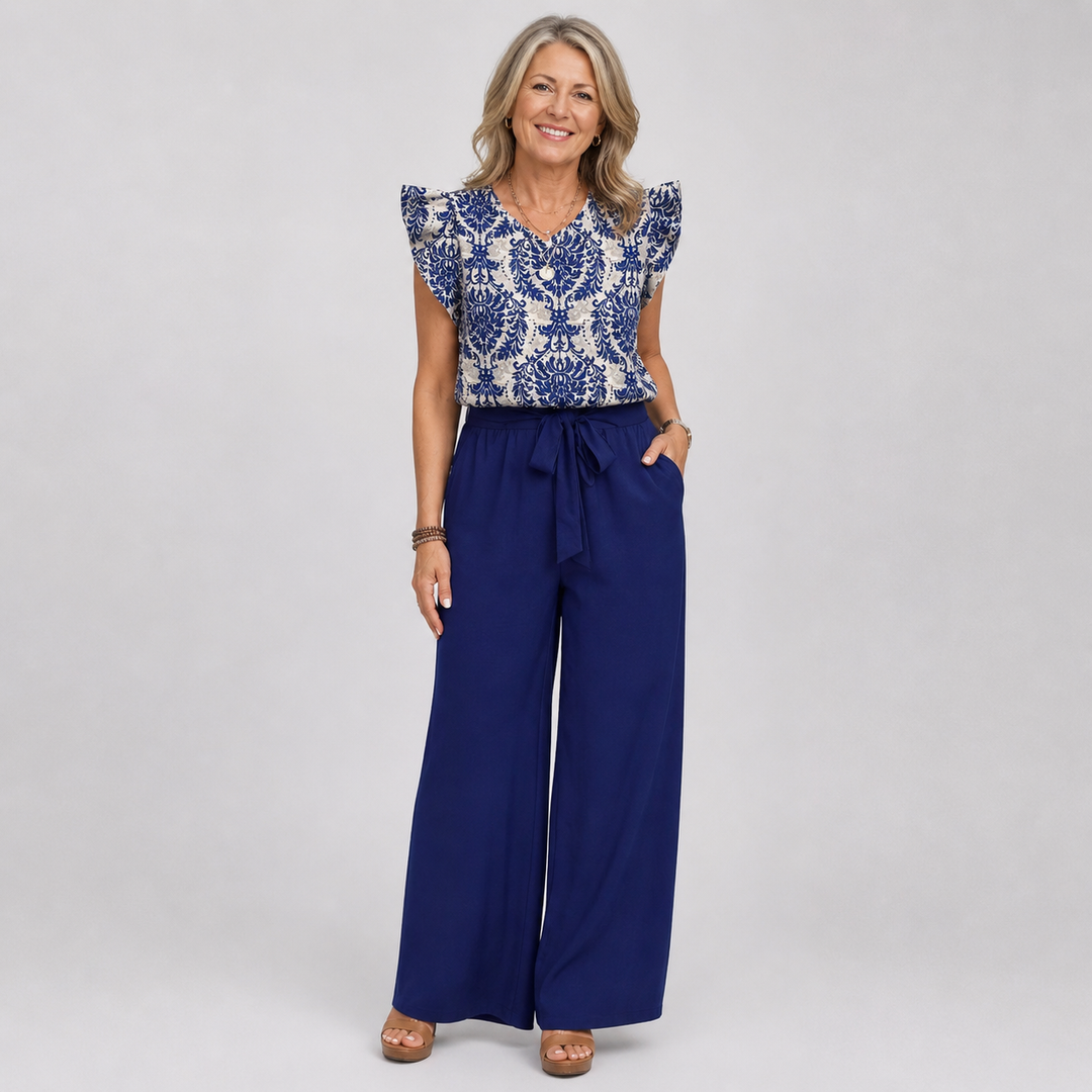 Paisley Two Piece Set for Women - V Neck Top & Wide Leg Pants