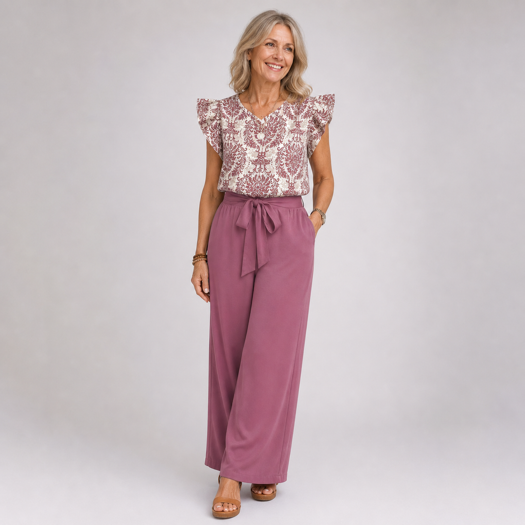 Paisley Two Piece Set for Women - V Neck Top & Wide Leg Pants