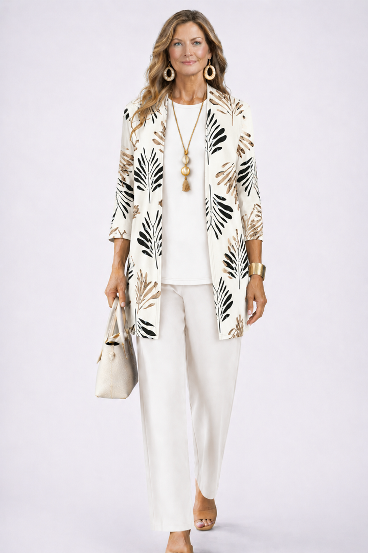 Three Piece Set for Women - Cardigan Top and Printed Pants