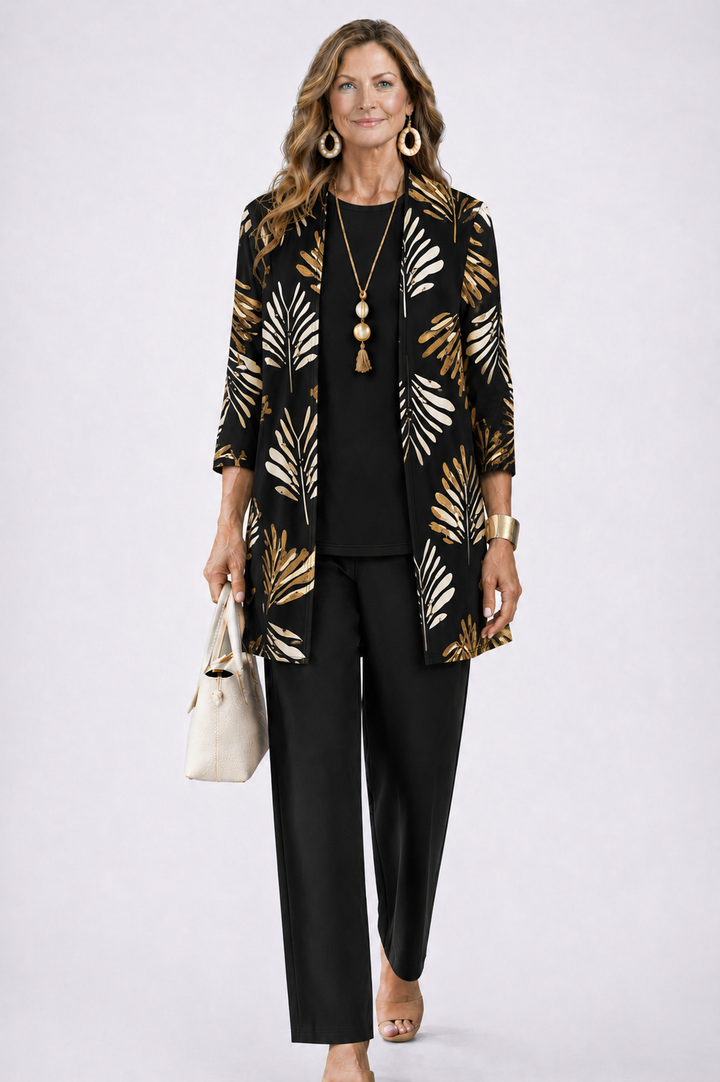 Three Piece Outfit Set for Women - Cardigan Top and Printed Pants