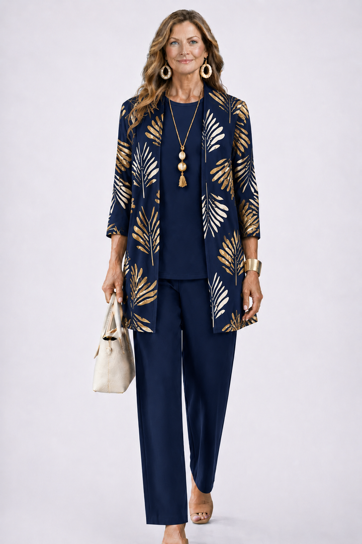 Three Piece Set for Women - Cardigan Top and Printed Pants