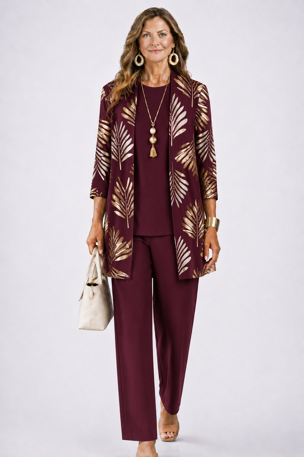 Three Piece Set for Women - Cardigan Top and Printed Pants