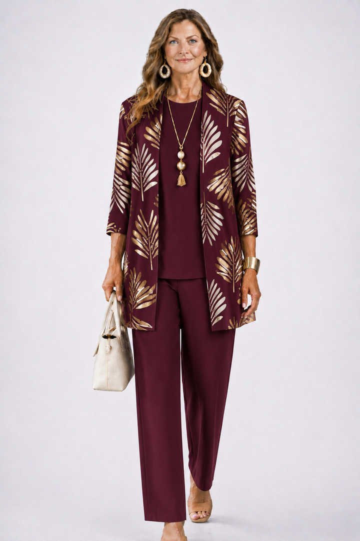 Three Piece Outfit Set for Women - Cardigan Top and Printed Pants