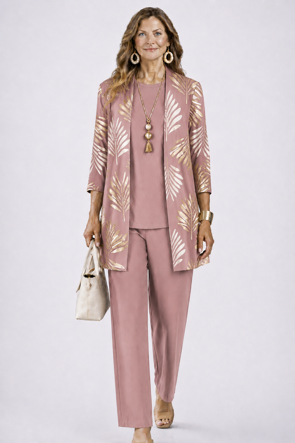 Three Piece Set for Women - Cardigan Top and Printed Pants