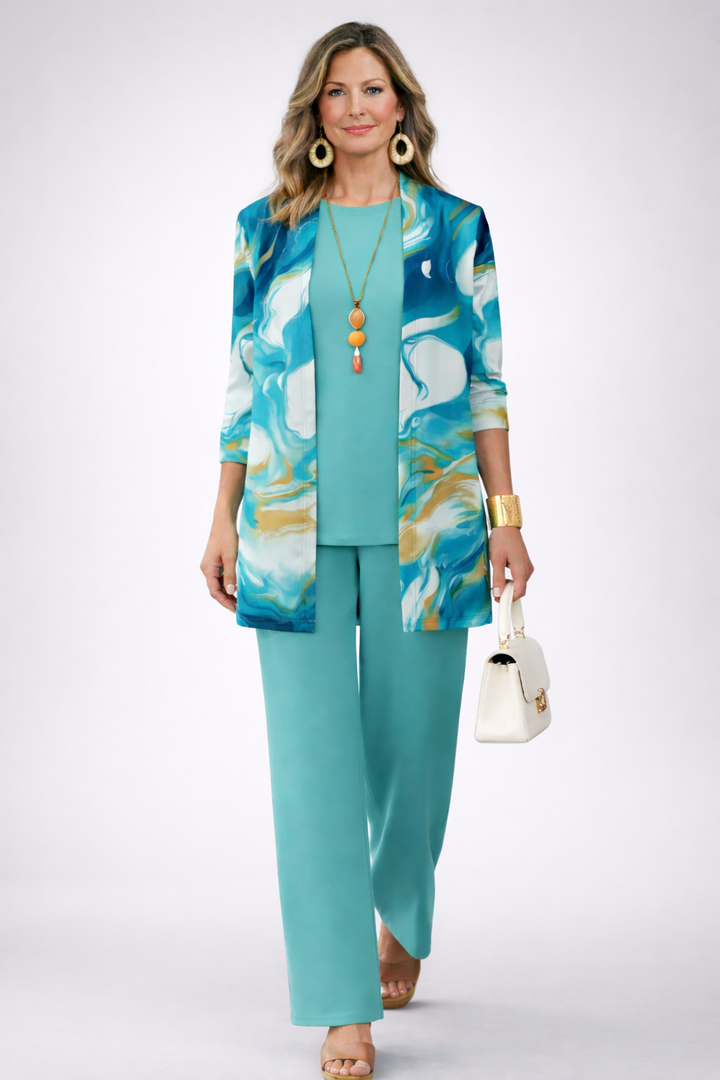 3-Piece Marble Print Set - Relaxed Wide Leg Pants & Jacket