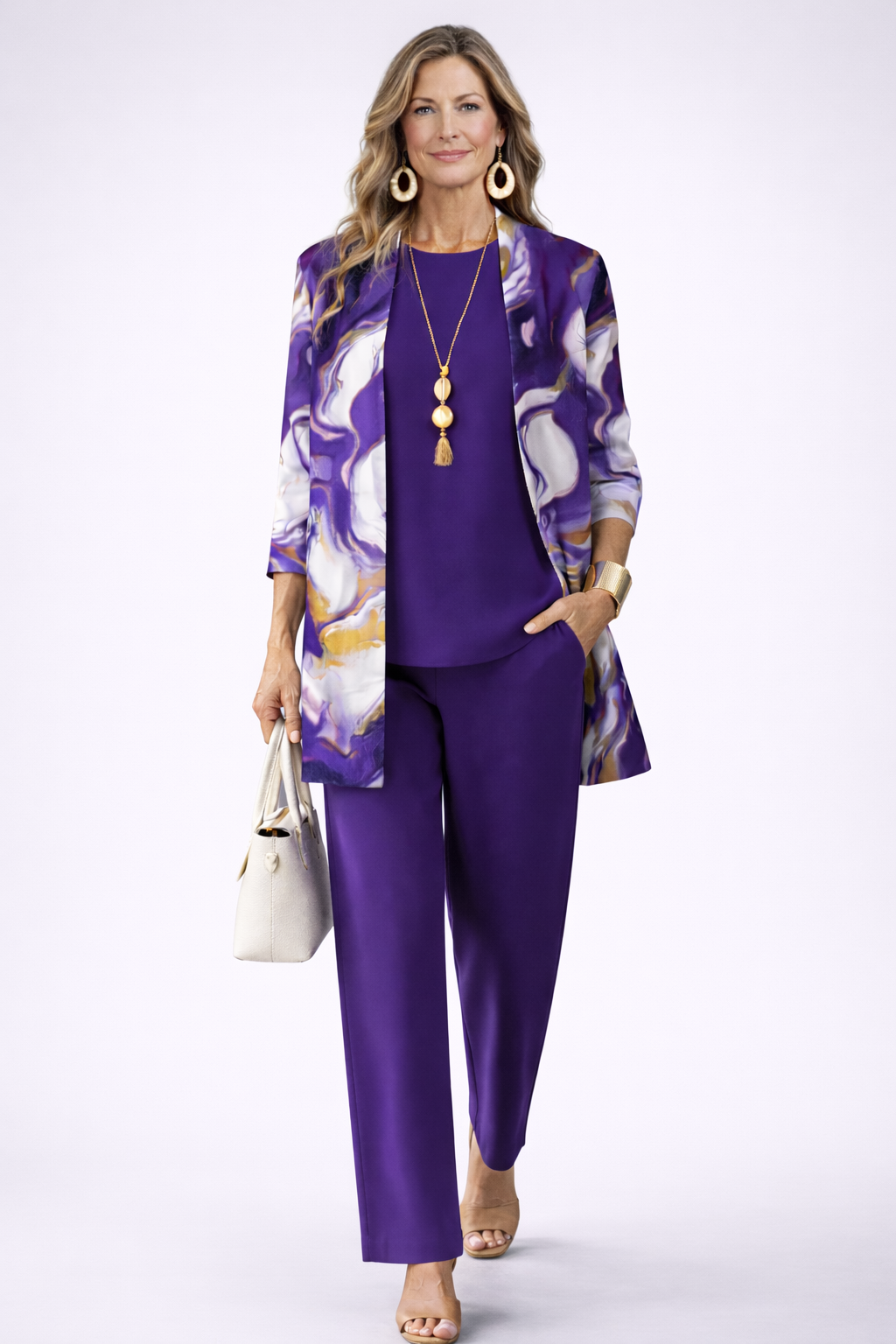 Marble Print 3-Piece Set with Wide Leg Pants and Longline Jacket
