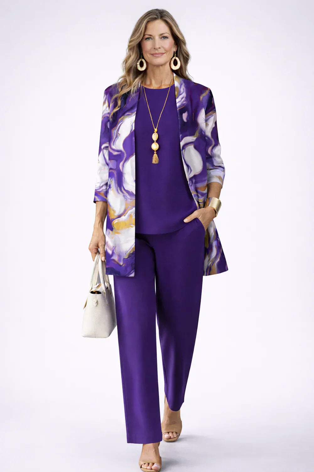 Three Piece Outfit Set for Women - Cardigan Top and Wide Leg Pants