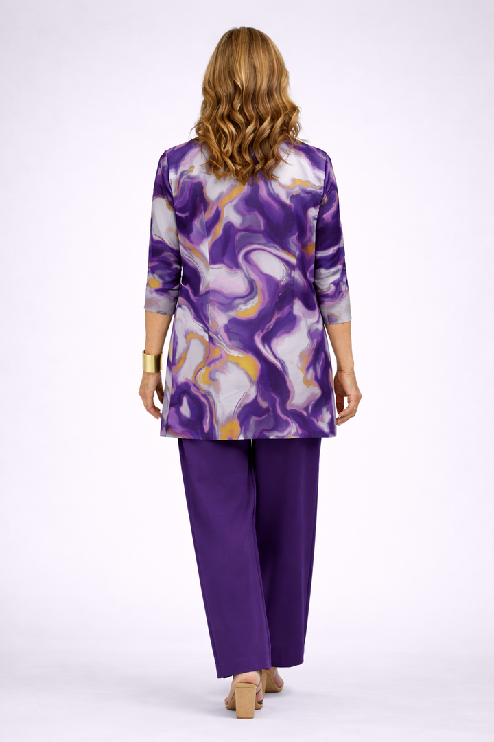 Marble Print 3-Piece Set with Wide Leg Pants and Longline Jacket