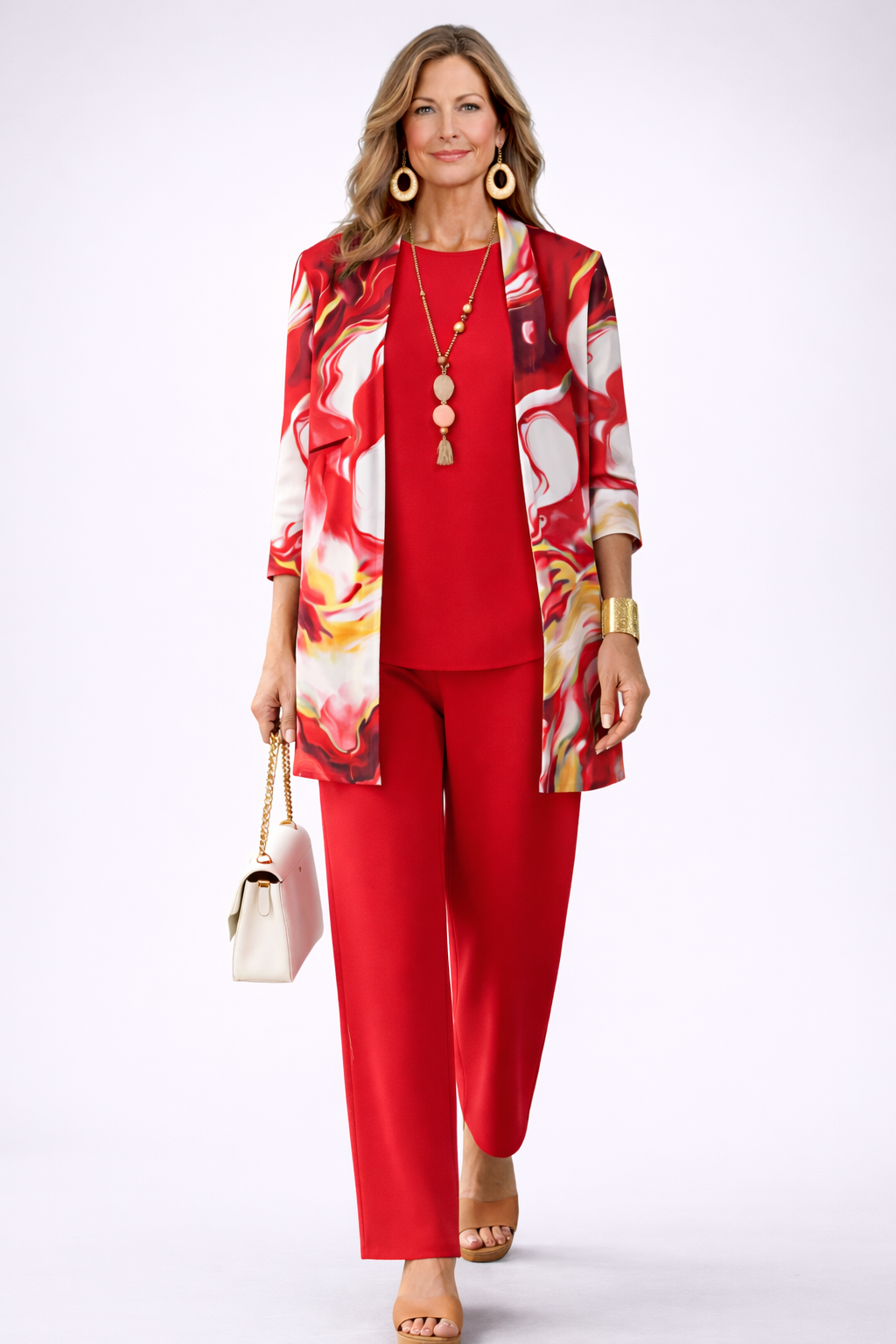Three Piece Outfit Set for Women - Marble Print Jacket Top and Wide Leg Pants