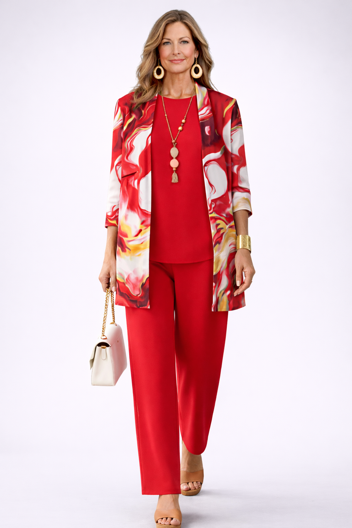 Three Piece Outfit Set for Women - Marble Print Jacket Top and Wide Leg Pants