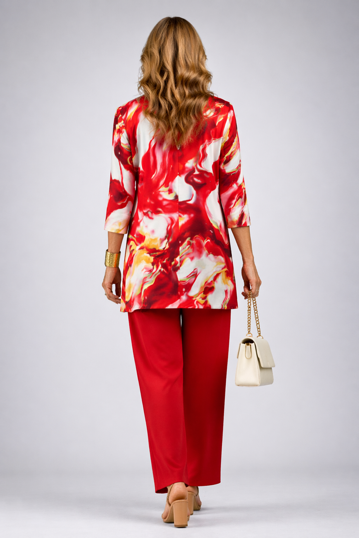Three Piece Outfit Set for Women - Marble Print Jacket Top and Wide Leg Pants