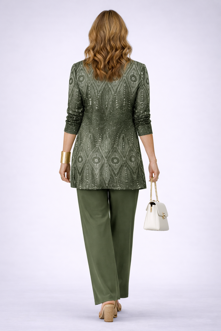 3-Piece Cardigan Set for Women - Patterned Top Wide Leg Pants