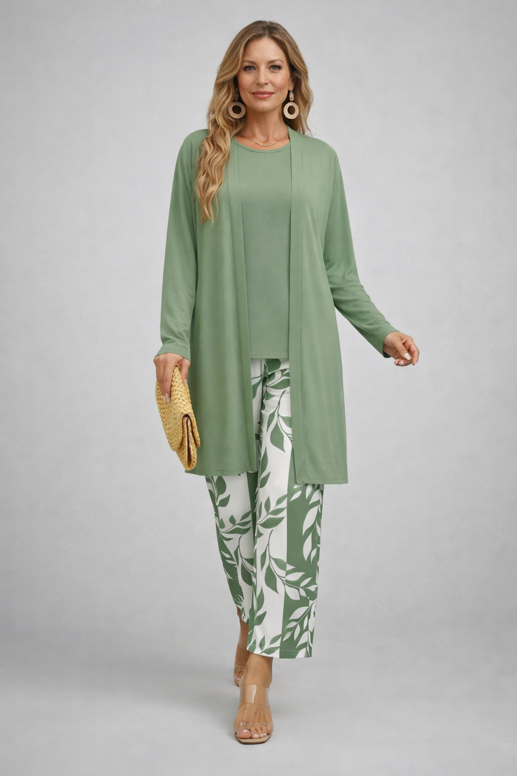 Three Piece Outfit Set for Women - Cardigan Top Palazzo Pants