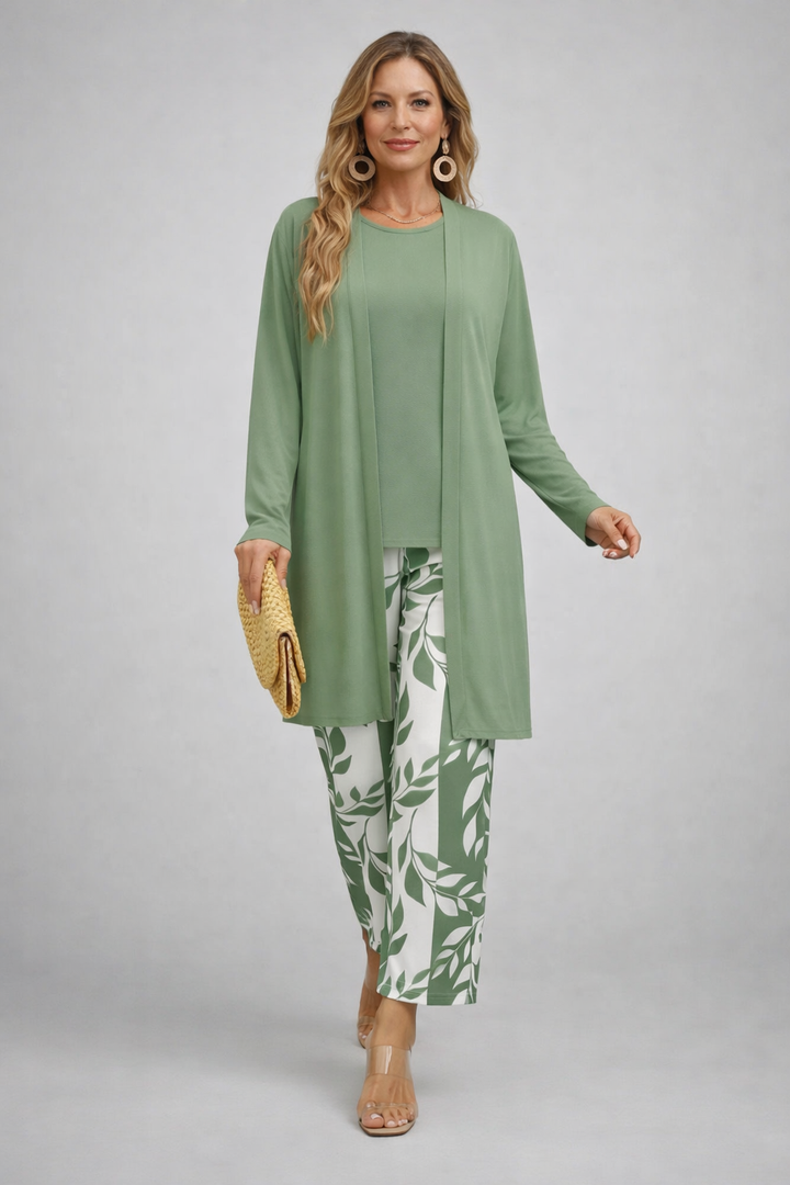 Three Piece Outfit Set for Women - Cardigan Top Palazzo Pants