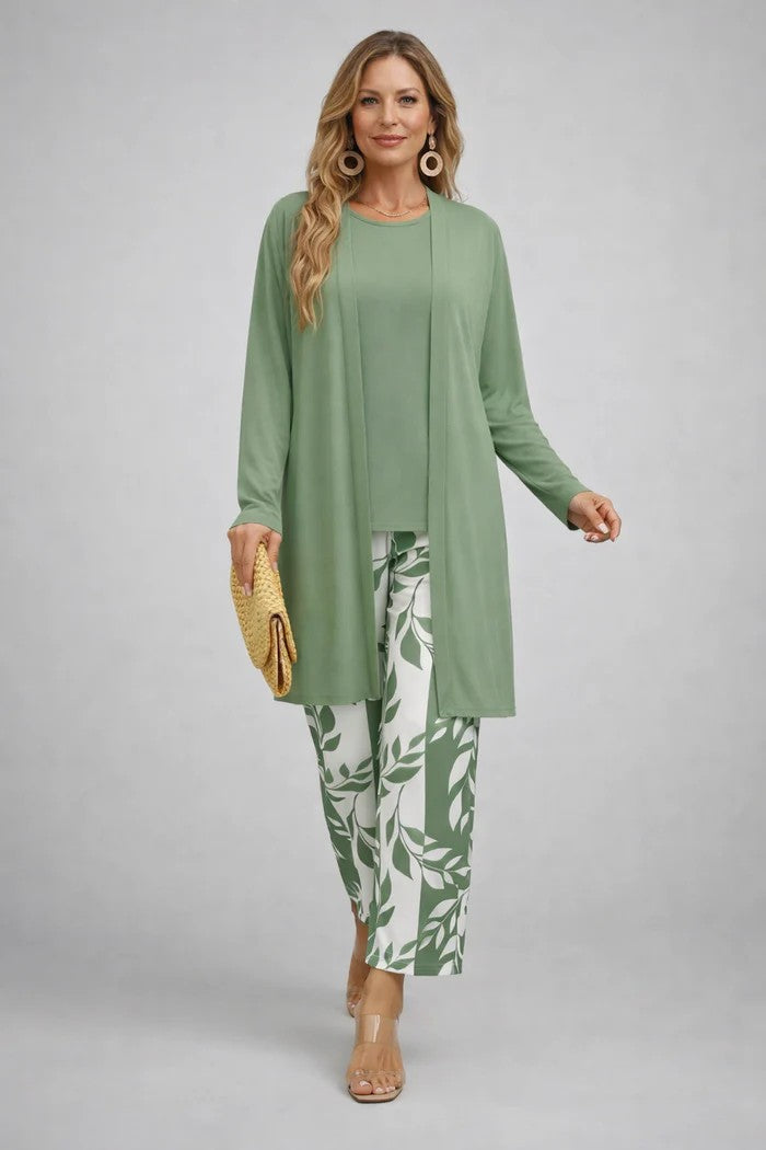 Three Piece Outfit Set for Women - Cardigan Top and Printed Pants