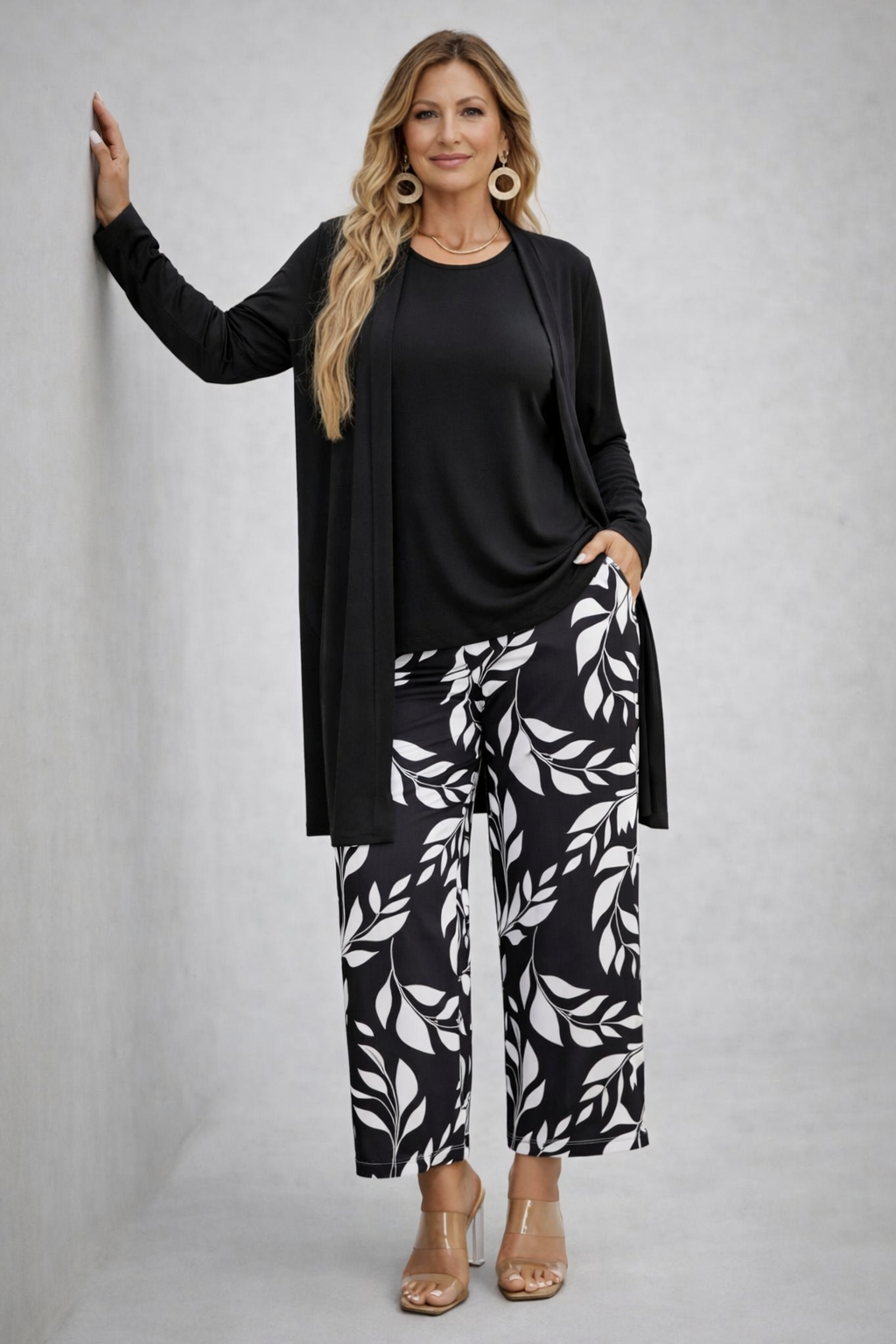 Three Piece Cardigan Set for Women - Botanical Print Pants