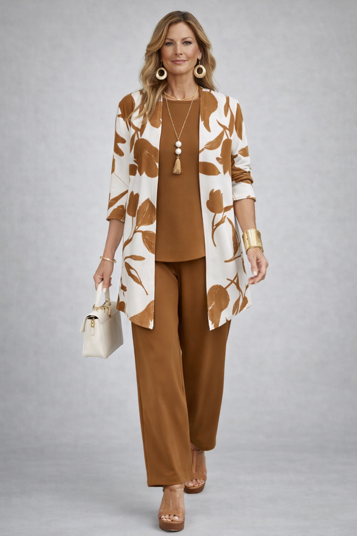 Three Piece Cardigan Set for Women - Floral Wide Leg Outfit