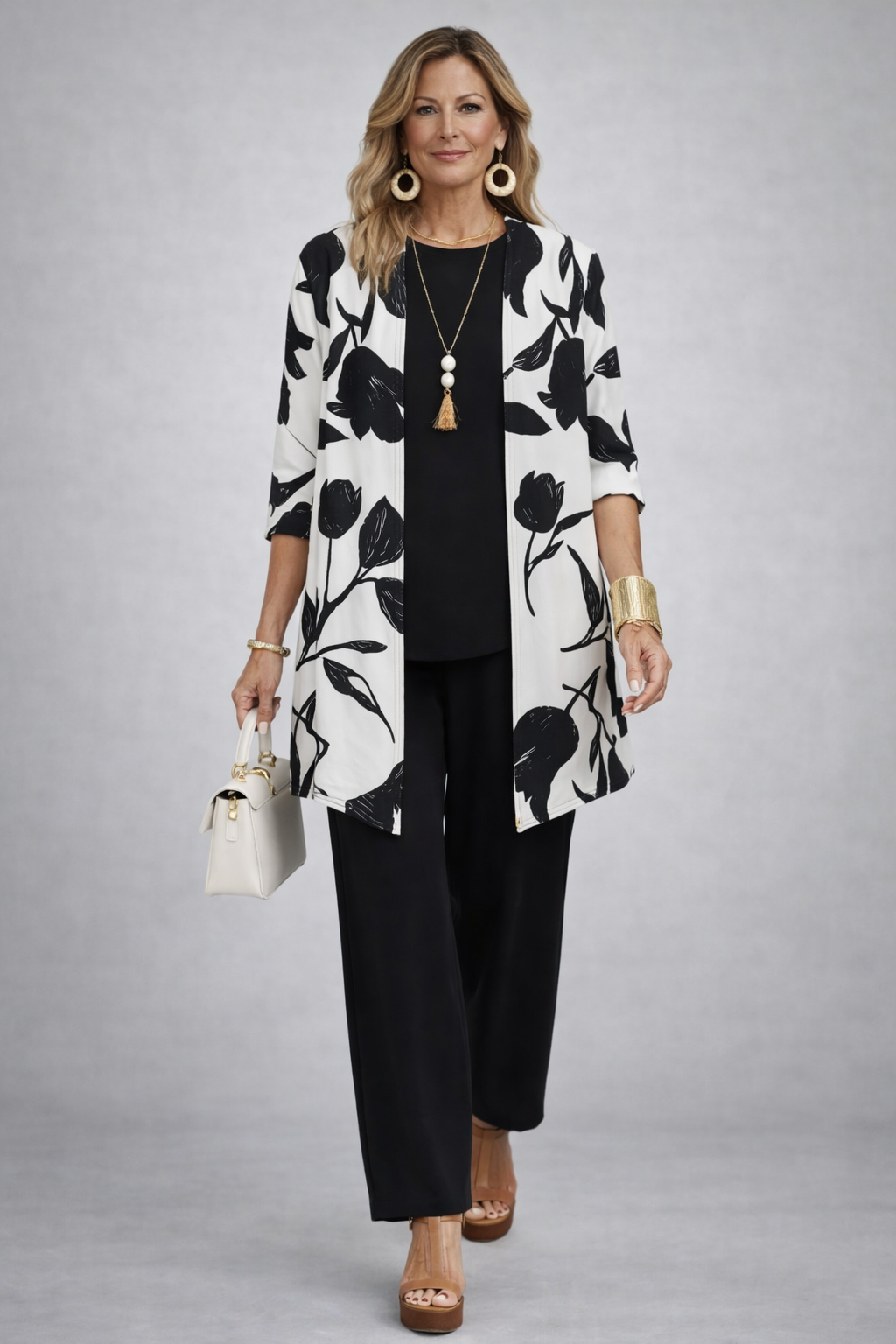 Floral Cardigan 3-Piece Set - Wide Leg Pants and Top Outfit