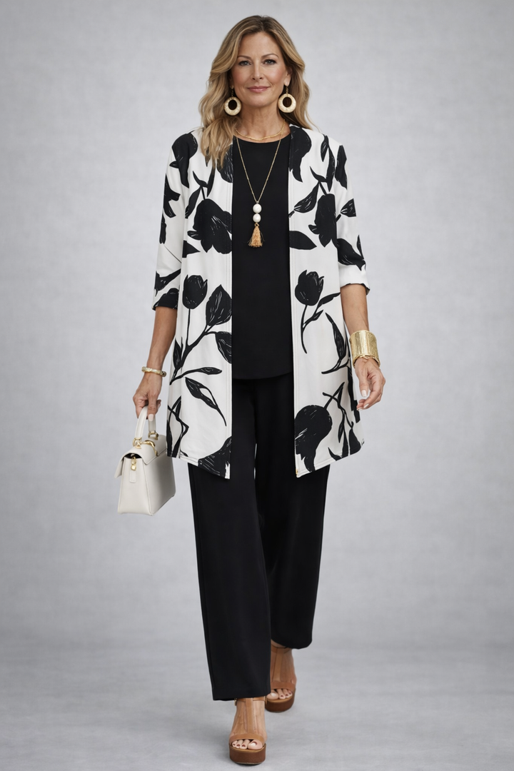 Floral Cardigan 3-Piece Set - Wide Leg Pants and Top Outfit