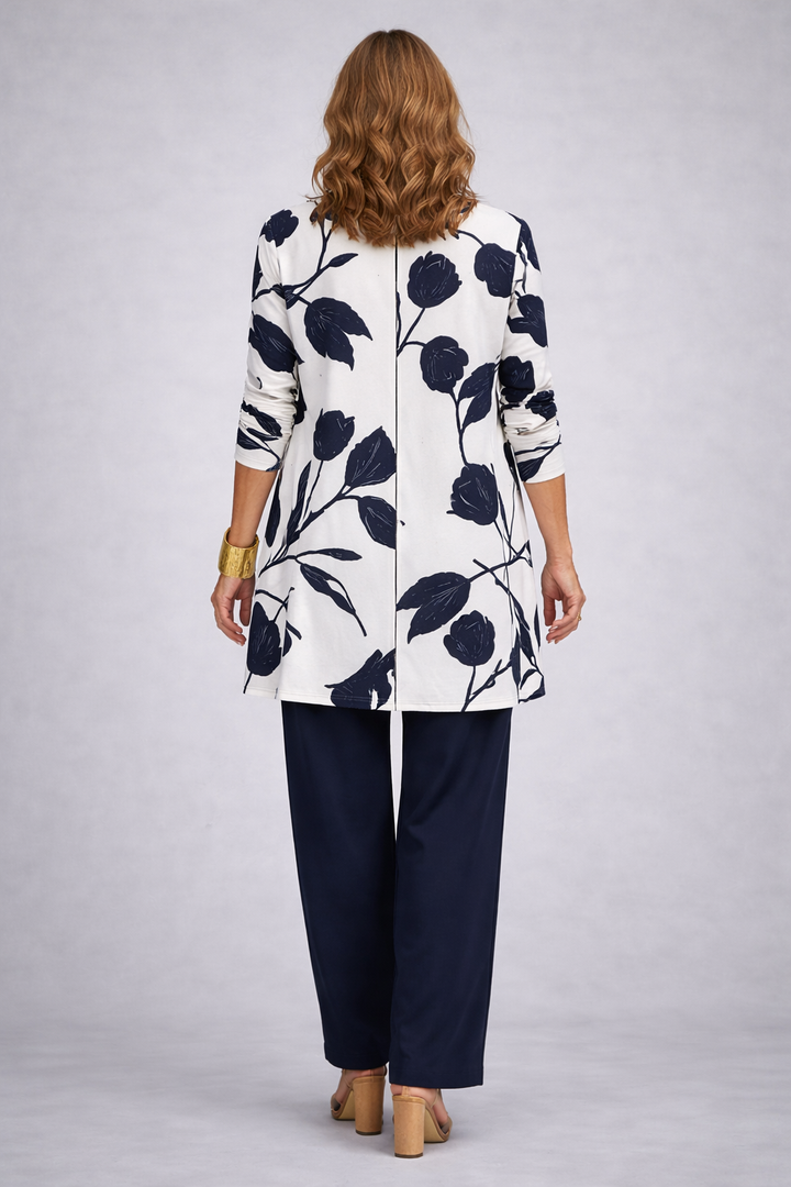 Three Piece Cardigan Set for Women - Floral Navy Outfit