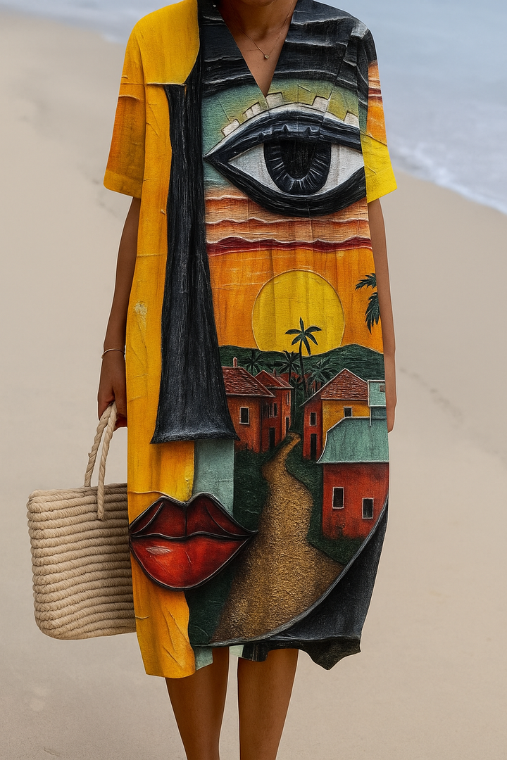 Artistic Print Dress for Women - Lightweight Relaxed Fit