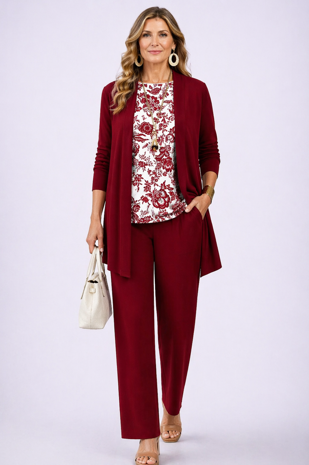 3-Piece Cardigan Set for Women - Earthy Tones Wide Leg Pants