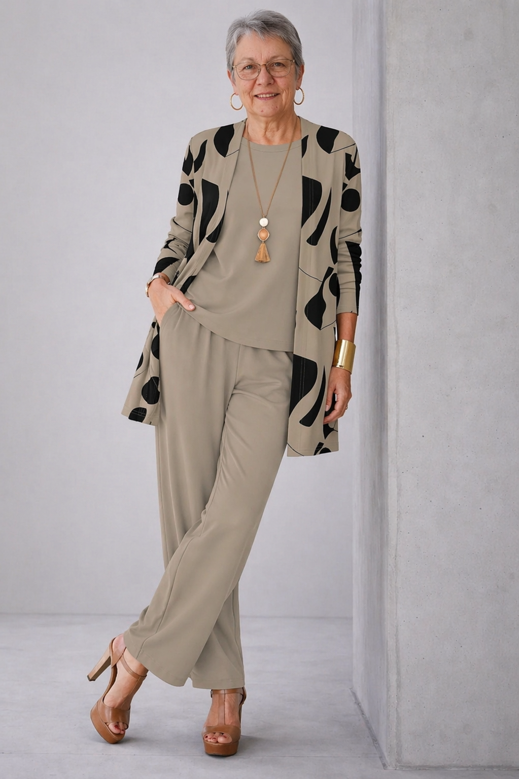 Three Piece Cardigan Set for Women - Earthy Tones Wide Leg Pants
