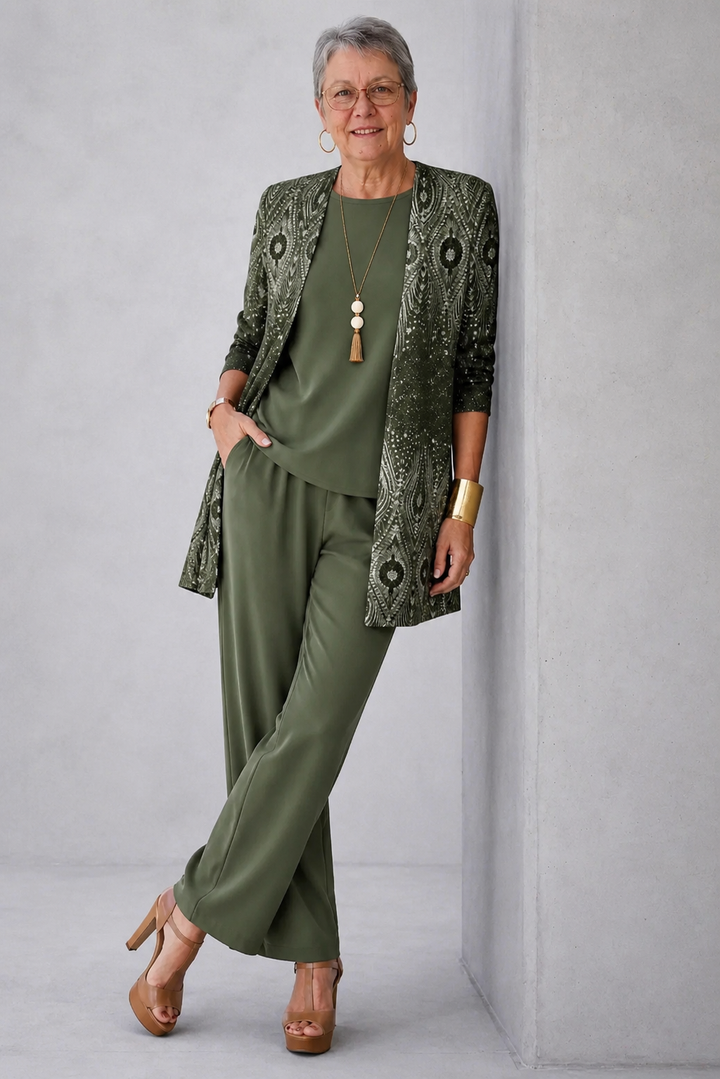 3-Piece Cardigan Set for Women - Patterned Top Wide Leg Pants