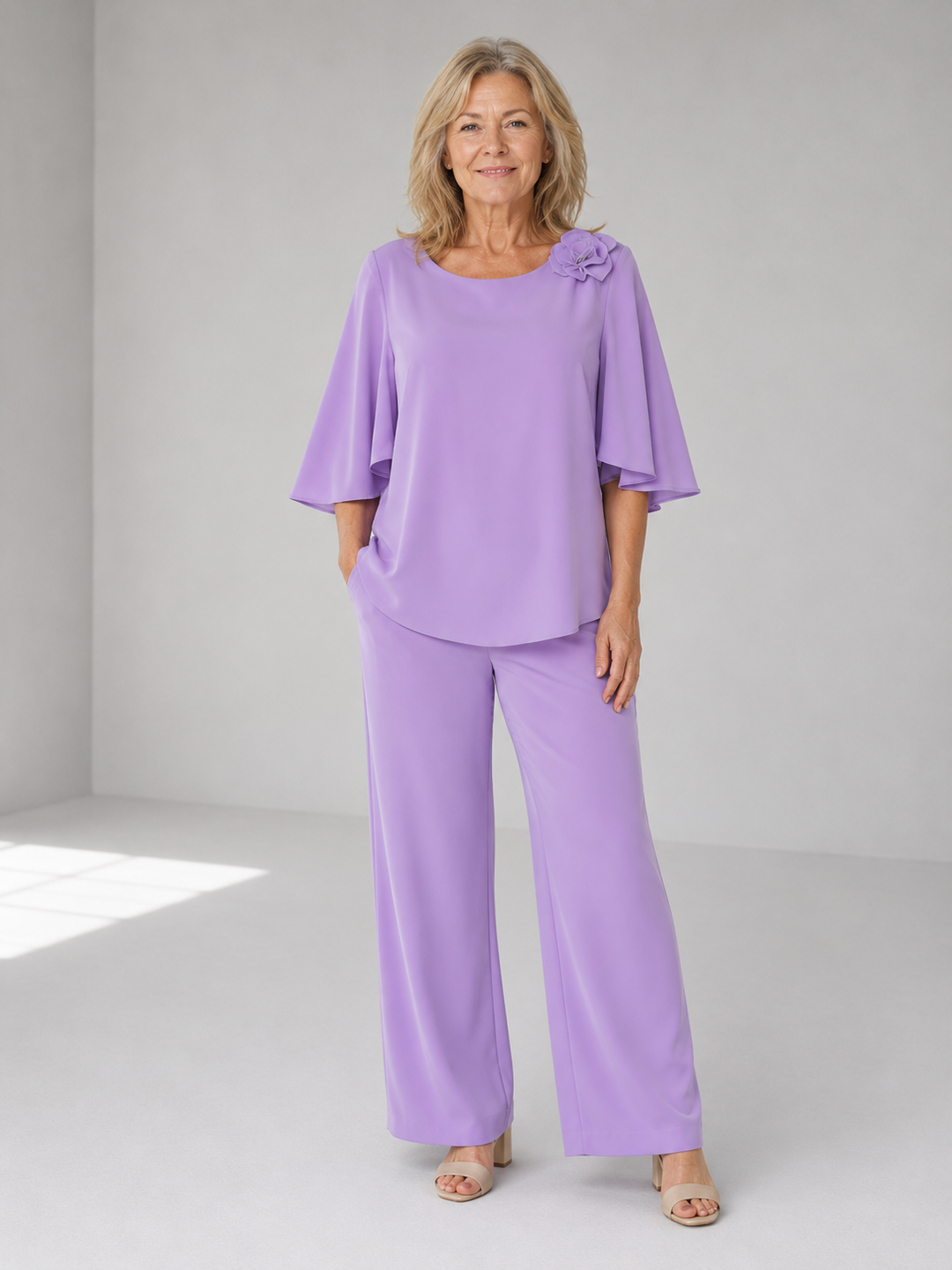 Two Piece Set for Women Elegant Flowing Top and Pants