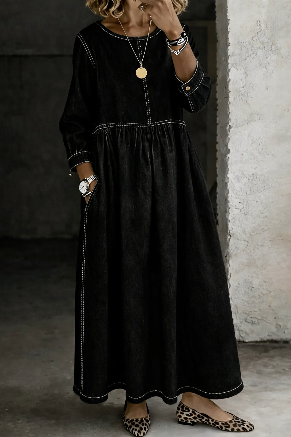 Denim Dress for Women Long Sleeve Round Neck Casual