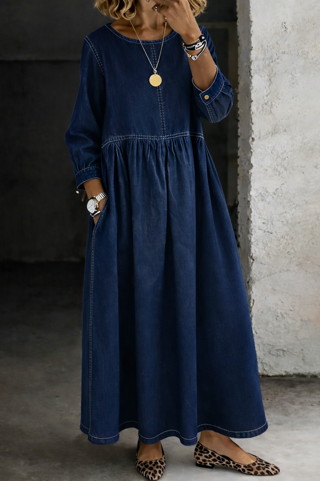 Denim Dress for Women Long Sleeve Round Neck Casual