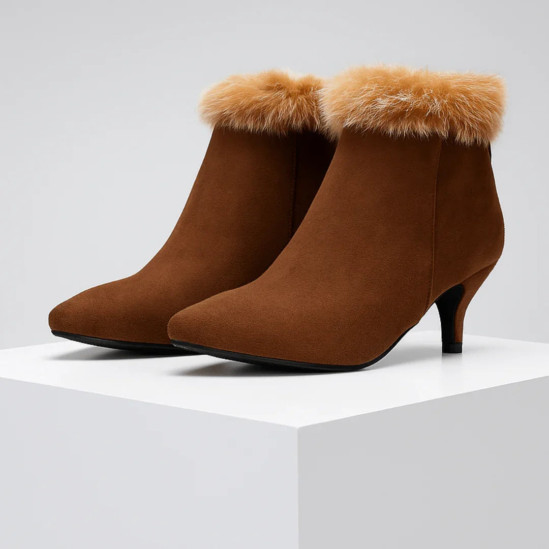 Pointed Toe Ankle Boots for Women with Kitten Heel and Fur Trim
